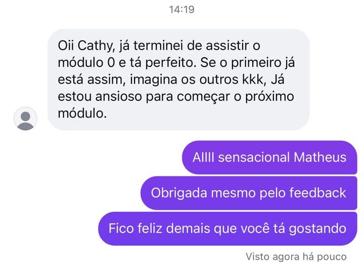 Aluno dizendo que o Módulo 0 está perfeito